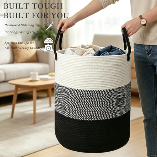 70L Woven Laundry Basket,Large Clothes Hamper with Handles-Black - Image 5