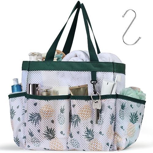 F-color Shower Caddy Portable - Mesh Shower Bag Basket Tote for College Dorm Room Essentials Bathroom Gym Camp Quick Dry for Women Men with S Hook, Green Pineapple by F-color