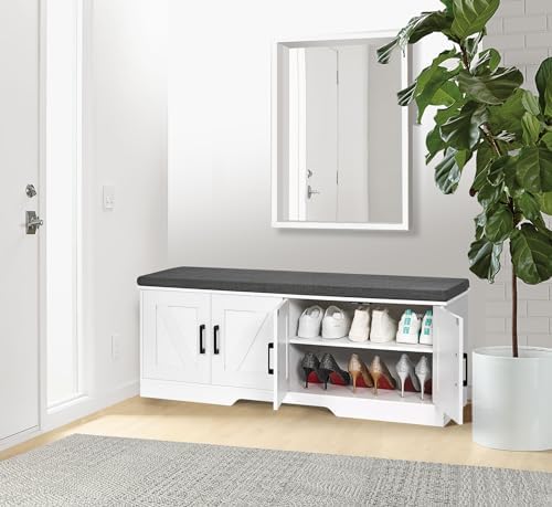 HOMSHO Farmhouse Shoe Storage Bench with 4 Barn Doors & Padded Seat Cushion - Image 6