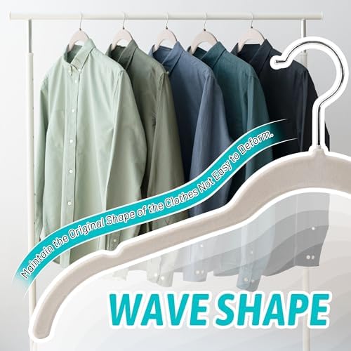 Sishynio Velvet Hangers 50 Pack, Non-Slip Slim Felt Clothes Hangers Beige | Space-Saving Closet Organization; Flocked Surface; 360° Swivel Hooks; For Shirts, Coats, Dresses, Blouses - Image 5