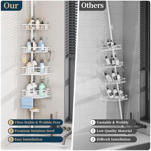 Consumest Shower Caddy Tension Pole - Adjustable Corner Shower Organizer with Soap Holder, Bath Shelves for Bathroom Storage, 27.6-108.3 inch, White - Image 2