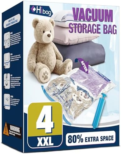 XXL Jumbo Vacuum Seal Storage Bags Extra Large for Clothing Bedding | 47''X35'', Airtight Triple Seal, Save 80% Space, Hand Pump, Work with Vacuum, Double Zip, Reusable, Easy to Use, 4 pack by HIBAG