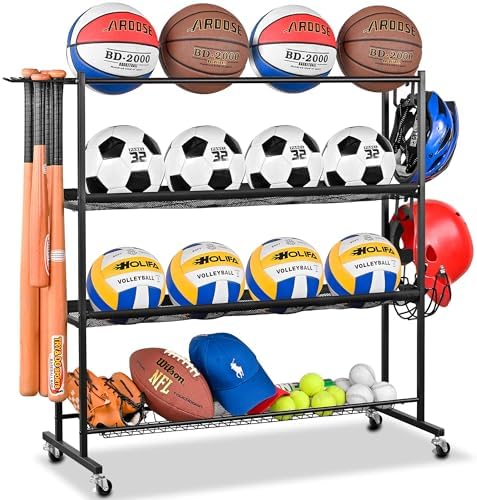 Mythinglogic 4-Tier Ball Storage Rack and Sports Equipment Organizer by Mythinglogic