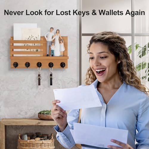 Lwenki Key Holder for Wall – Decorative Wooden Mail Holder and Key Shelf with Mounting Hardware, Installation Guide – Paulownia Wood with Metal Key Hooks (Light Brown, Large - 11.8inch) - Image 6