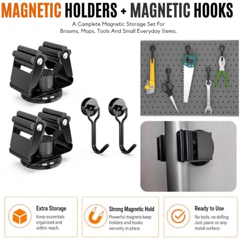 3-H 2 Pack Magnetic Broom Holder with 2 Pack Mini Magnetic Hooks,Black - Image 6