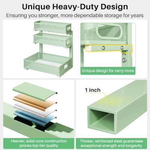 Kitstorack Under Sink Organizer, 1-Pack 3-Tier Height Adjustable Thickened Metal Pull out Cabinet Organizer Shelf, Slide out Storage Drawer Rack for Bathroom Kitchen Pantry Home Organization, Green - Image 6