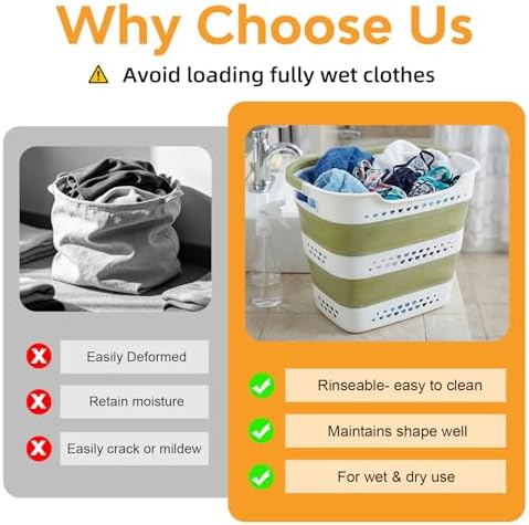 2 Pcs 42L/11.2 Gal Collapsible Laundry Basket - Foldable Plastic Pop Up Hamper with Handles, Space-Saving Storage Organizer for Wet & Dry Clothes, Ideal for Home, Dorm and Apartment Use Green - Image 6
