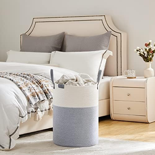 VIPOSCO 58L Tall Woven Rope Laundry Hamper, Leather Handles, Grey & White - Image 4