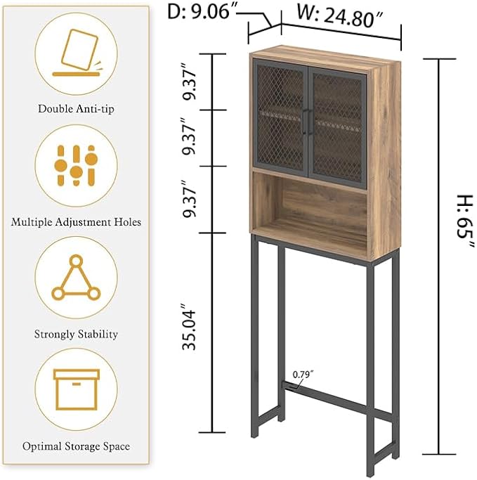 Launica Over the Toilet Storage Cabinet, Over Toilet Bathroom Organizer with Mesh Doors and Shelves, Freestanding Bathroom Storage Cabinet Above Toilet, Wood and Metal, Rustic Oak - Image 2