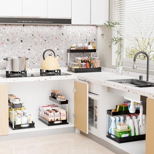 Yieach 2 Pack 10.8″ High Pull Out Under Sink Organizer,14.5″ Deep 2 Tier Slide Out Cabinet Organizer for Kitchen Cabinet,Undersink Organizers,Under Sink Shelves,Bathroom Organizers and Storage,Black - Image 2