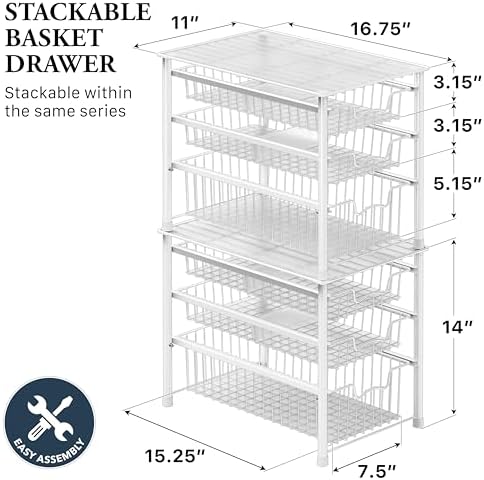 Simple Houseware Stackable 3 Tier Sliding Basket Organizer Drawer, White - Image 2