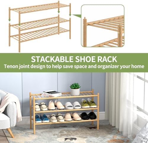 ROMGUAR CRAFT 3-Tier Bamboo Long Shoe Rack, Free Standing Wood Shoe Shelf Storage Organizer for Closet Entryway Stackable 35"x11"x20" (Natural) - Image 6