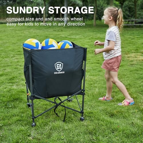 EVER ADVANCED Rolling Ball Storage Cart Lockable Wheels, 33x22.8in/45x25in Collapsible Garage Sports Equipment Organizer for Volleyball Basketball Tennis Toy Storage Multi-Sport Family Gym - Image 4