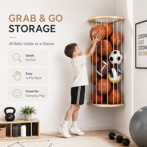 Garage Ball Storage Rack with Wood Frame, Wall Mount Corner Organizer - Image 6