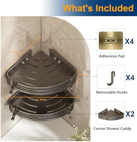 Corner Shower Caddy, Adhesive Shower Corner Organizer Shelves with Hooks,No Drilling Shower Shelves for Bathroom Kitchen 2 Pack - Image 6