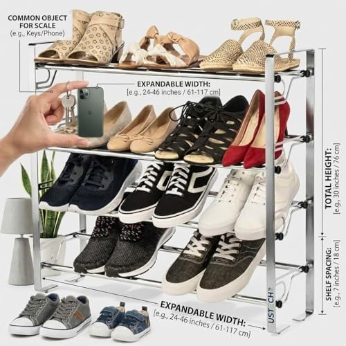USTECH Adjustable, Expandable Shoe Rack Storage Organizer | Portable, Large, Free Standing Closet Shelf for Bedroom and Entryway | Metal Shoe Shelf for Kids and Adults (4 Tier - Pack of 1) - Image 3