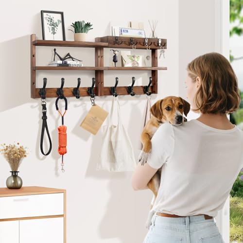 29" Coat Rack Wall Mount with Shelf, Pine Two-Tier Wall Shelf Mounted Coat and Key Hanger with 7 Heavy Duty Hooks 4 Key Hooks, Entryway Key Holder with Mail Holder for Bedroom,Living Room (Brown) - Image 6