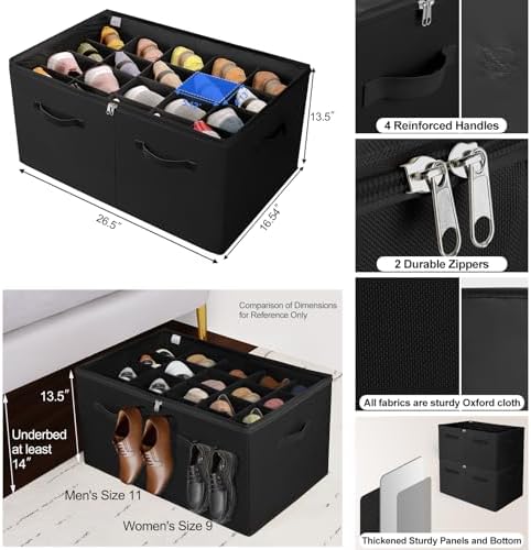 TOPIA HOME Shoe Organizer for Closet 2 Pack, Foldable Shoe Box with Adjustable Divider and Clear Cover, Space Saving Shoe Storage Organizer Cabinet with Reinforced Handles, Fits 40 Pair, Black, TP11B - Image 3