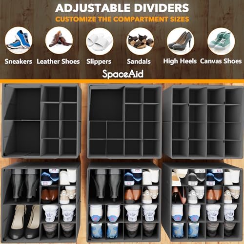 SpaceAid Shoe Organizer for Closet, 2 Pack Foldable Shoe Storage Containers Baskets Boxes Bins w/Adjustable Dividers, Fits 16-32 Pairs, Grey - Image 3