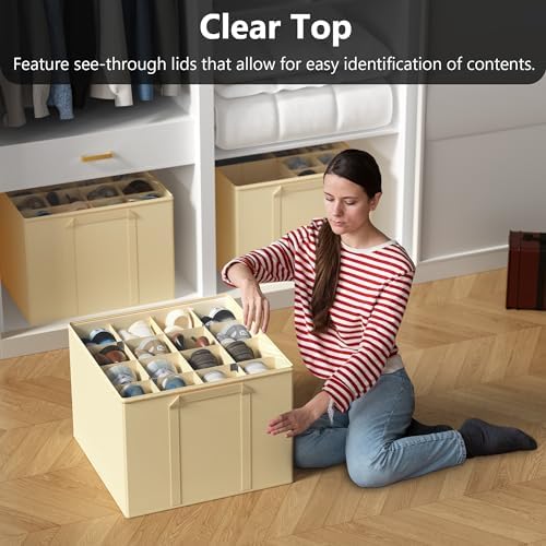 SUOCO 2 Pack Shoe Organizer for Closet, Fits up to 32 Pairs, Small Space Shoe Storage Boxes Bins Containers w/Adjustable Dividers and Clear Top, Black, Beige - Image 3