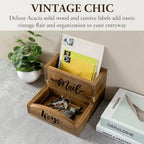 MyGift Premium Acacia Solid Wood Mail Holder and Key Organizer, Entryway Storage Tray or Office Desktop Organizing Bin with Black Cursive Lettering Labels - Image 2