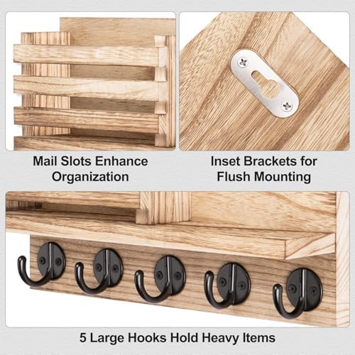 Lwenki Key Holder for Wall – Decorative Wooden Mail Holder and Key Shelf with Mounting Hardware, Installation Guide – Paulownia Wood with Metal Key Hooks (Wood, Large - 11.8inch) - Image 3