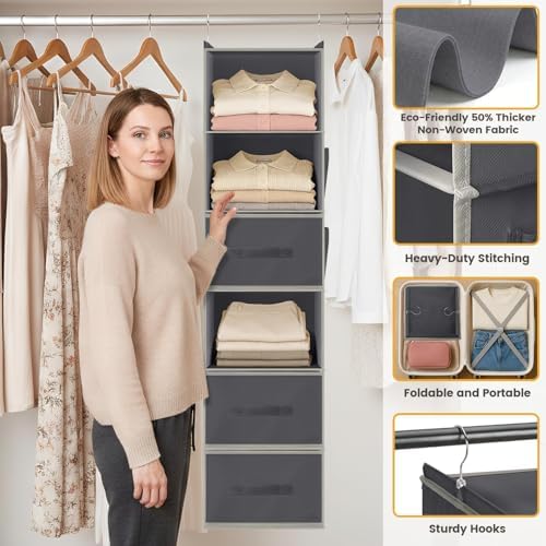 Hanging Closet Organizer 6-Shelf with 3 Drawers & Side Pockets, Closet Organizers and Storage for Dorm, Nursery & Wardrobe Organization, Hanging Shelf Clothes Organizer for Sweaters, Shoes, Gray - Image 3