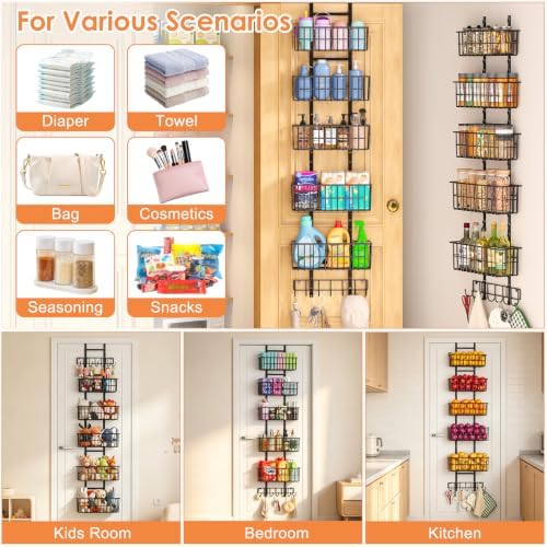 Hongtamoya Adjustable Over the Door Organizer, Metal Hanging Door Organizer with 5 Wire Basket 7 Hooks, Wall Mounted Shelf for Pantry Laundry Organization and Storage, Black - Image 6