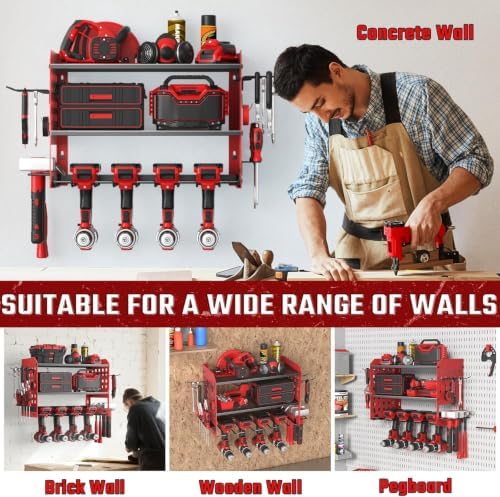 SUNALLY Power Tool Organizer, Wall Mount Garage Tools Storage Rack, Red - Image 6
