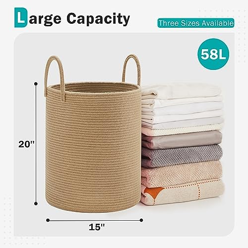 YOUDENOVA Cotton Laundry Hamper, 58L - Woven Collapsible Storage Basket - Jute Brown - Image 2