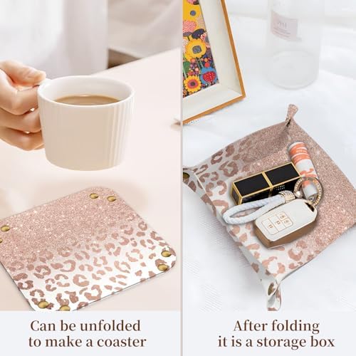 PU Leather Jewelry Valet Tray, Portable Catchall Tray for Keys, Wallet, Watch,Travel Jewelry Tray Organizer for Nightstand Desk Entryway Home Decor Gift for Women Men Pink Leopard Print - Image 3