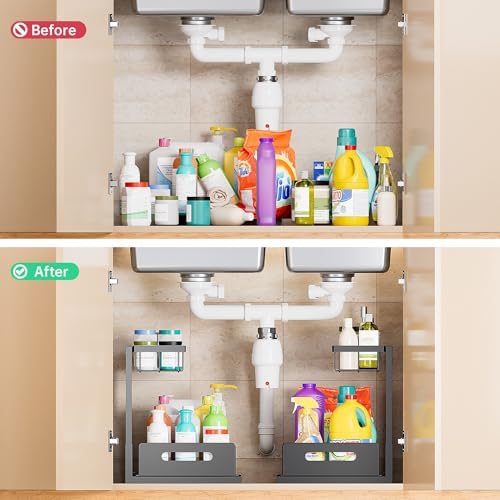 Under Sink Organizer and Storage 2 Pack, Slide Out Cabinet Organizer, Pull Out Sink Shelf for Kitchen Bathroom Laundry, Black - Image 3