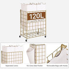Laundry Basket with Wheels, Heavy Duty Laundry Sorter 2 Sections, 120L (32Gal.) Large Capacity Hamper with Wood Lid, 360 Rolling Wheels, Extra Side Pocket, Leather Pull Handle, Golden+Beige - Image 2