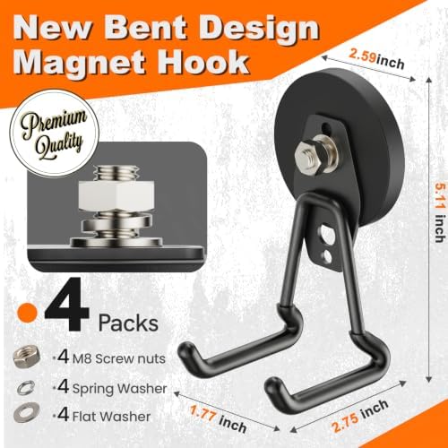 Heavy Duty Magnetic Garage Hooks,4 Pack Strong Large Magnet Hook for Power Drill,Garden Tools,Hose,Pegboard,Garage, Workshop,Magnetic Storage Hooks for Indoor Outdoor Hanging(Black) - Image 2