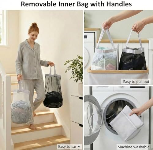 efluky Double Laundry Hamper with Lid and 2 Removable Bags, Light Grey - Image 4