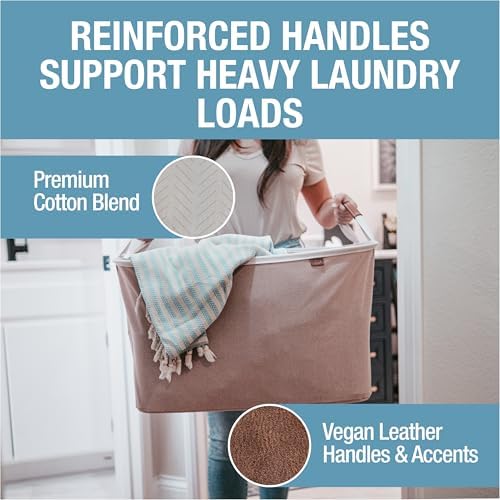 Collapsible Fabric Laundry Basket Premium, Cream Herringbone, 2 Pack - Image 4