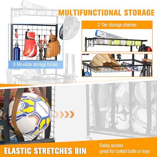 PLKOW Sports Equipment Storage for Garage, Indoor/Outdoor Sports Rack for Garage, Ball Storage Garage Organizer with Basket and Hooks,Toy/Sports Gear Storage - Image 5