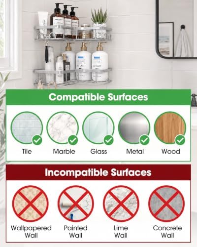 Sakugi Corner Shower Caddy - 2 Pack, Adhesive Shower Organizers, Rustproof Stainless Steel Shower Shelves with 8 Hooks, No Drilling Bathroom Organizers and Storage Racks, Space-Saving, Silver, Medium - Image 3