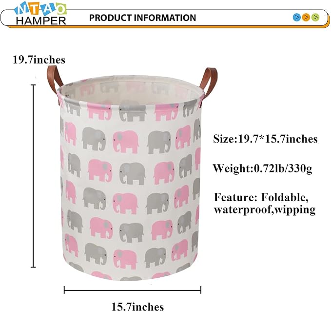 NTAOHAMPER Laundry Basket,Waterproof Hamper,Clothes Hampers for Nursery,Gift Basket,Room Decor,Collapsible Storage Basket (Pink Elephant) - Image 4