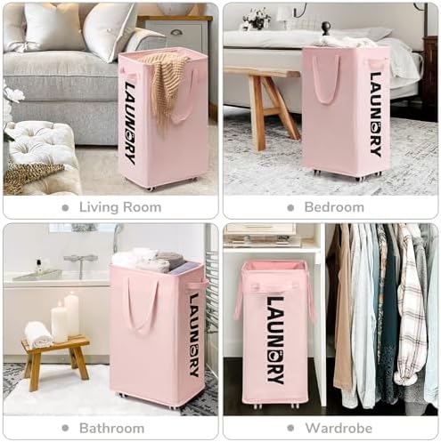 CHICVITA 75L Laundry Hamper with Wheels 2-Pack, Wash Bags, Pink - Image 5