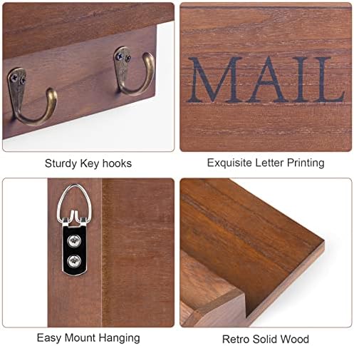 DLQuarts Solid Wood Mail Organizer with Key Holder for Wall, Mail Sorter Wall Mounted, Decorative Wooden Key and Mail Holder with 3 Hooks, Dark Brown - Image 4