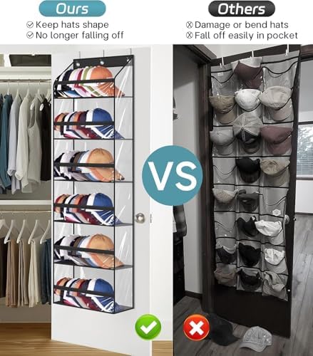 AOODA Clear Over The Door Hat Racks for Baseball Caps, Large Holds up to 72 Caps Hat Storage Organizer for Closet Wall, Deep Pockets Hanging Hat Holder with 3 Hooks, Black - Image 2