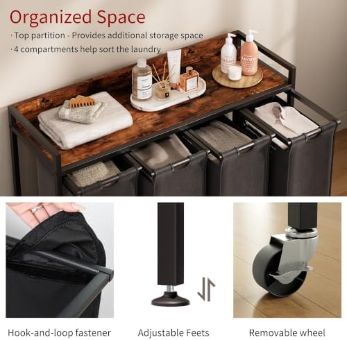 Herture Laundry Hamper with Shelf, Laundry Basket 4 Section, Laundry Sorter with Pull-Out Removable Large Bags and Movable Wheels, Metal Frame, 4 x 15.87 Gallons (60L), Rustic Brown + Black PF07XLY - Image 3
