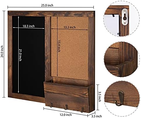 MyGift Rustic Dark Brown Wood Wall-Mounted Chalkboard with Cork Board, Mail Sorter, & Key Hooks - Image 5