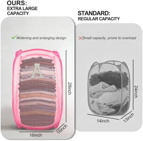 Collapsible Pop Up Laundry Hamper, Extra Large with Removable Initial Letter A, Mesh Foldable Laundry Basket, 28" x 16" x 16" (Pink) - Image 6