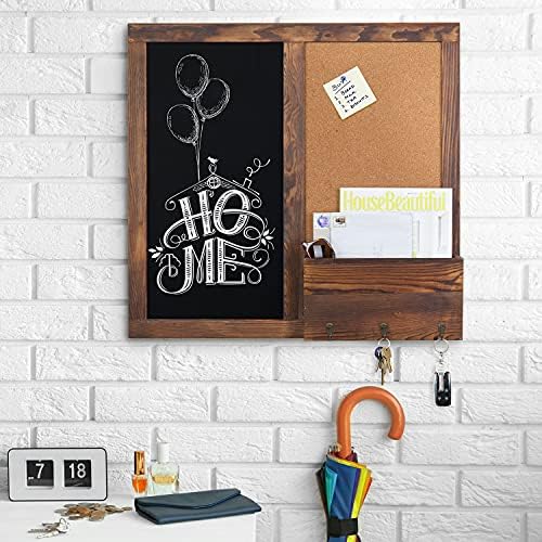 MyGift Rustic Dark Brown Wood Wall-Mounted Chalkboard with Cork Board, Mail Sorter, & Key Hooks - Image 2