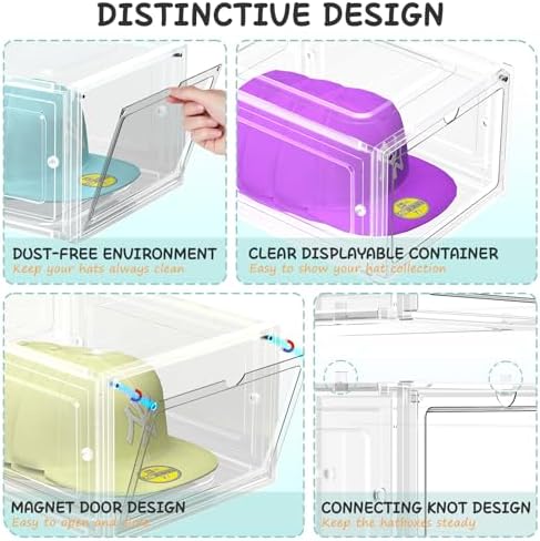 SCAVATA 6 Pack Hat Organizer Box, Stackable Clear Baseball Caps Holder Box Containers with Magnetic Door for Hats Snapback Cap Storag, Hat Rack Display Case, Holds 8 Hats Each (Clear) - Image 4