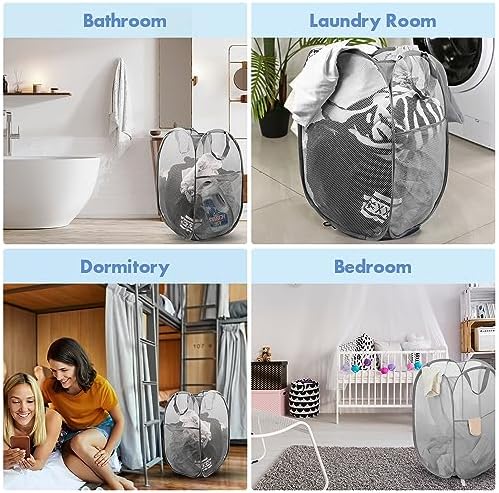 Pop Up Laundry Hamper, 70 L Collapsible Mesh Basket with Side Pocket, Gray - Image 6