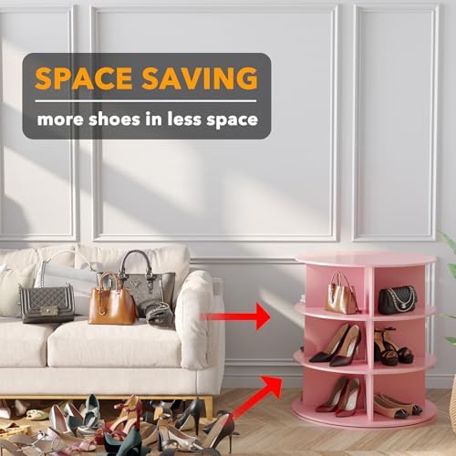 SpaceAid 3 Tier Rotating Shoe Rack Tower, Spinning Shoe Display Lazy Susan, Revolving 360 Shoe Rack Storage Round Carousel, Vertical Handbag Rotate Shoes Closet Organization (3-Tier Pink) - Image 3