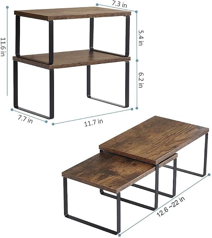 NEX Kitchen Cabinet and Counter Shelf Organizer, Shelf Riser for Pantry Countertop Cupboard Desk Top, Stackable & Expandable, Set of 4, Black and Rustic Brown - Image 3